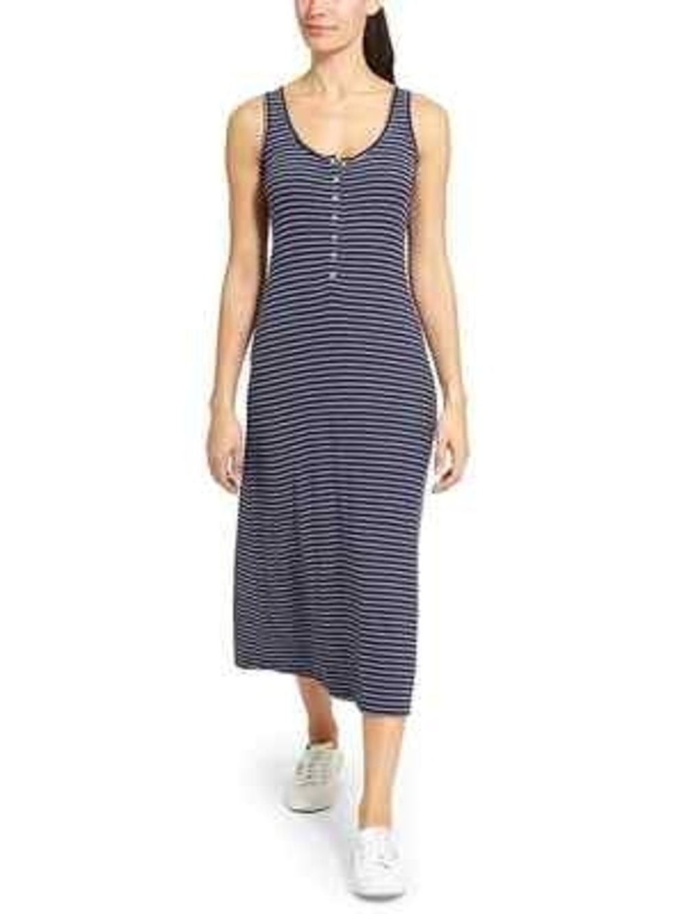 Athleta Striped Sleeveless Midi Dress Hermosa Henley Blue L - Picture 2 of 6